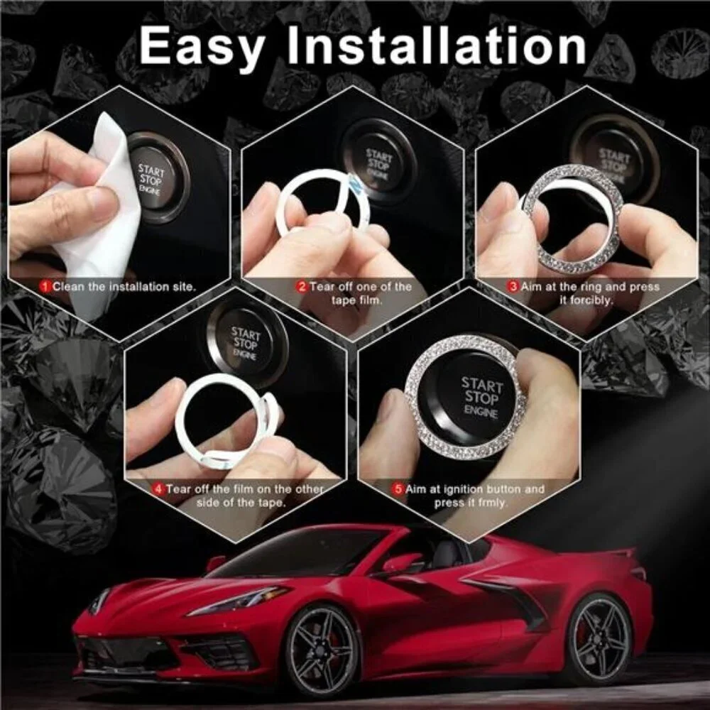 Car Start Button Bling Rhinestone Diamond Engine Button Ring 2-Pack Double Pink - Picture 3 of 7